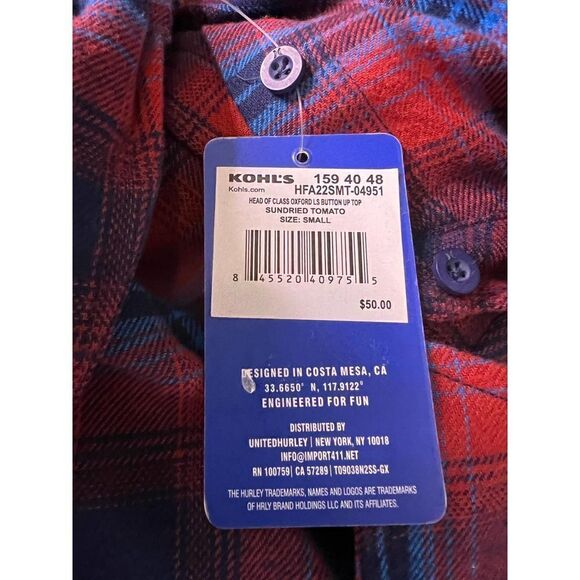 Hurley Men's Flannel Plaid Button-Down Shirt (SUNDRIED TOMATO) Size Small - Picture 8 of 9